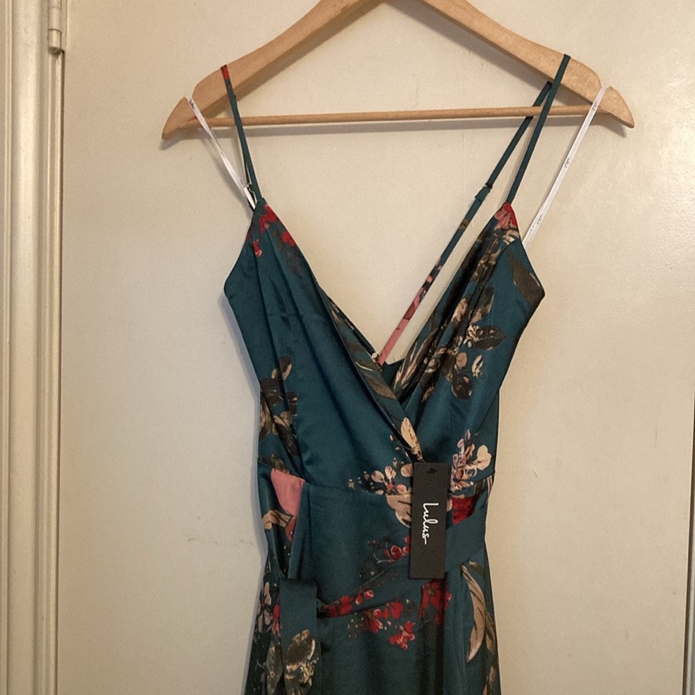 NWT Lulus Still the One Emerald Green Floral Print Satin Maxi Dress| Sz S - Picture 2 of 13